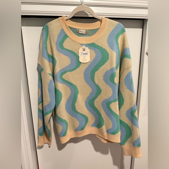 NWT Altar’d State Oversized Blue Green Ivory Wave Sweater Medium Brand New - Picture 2 of 7